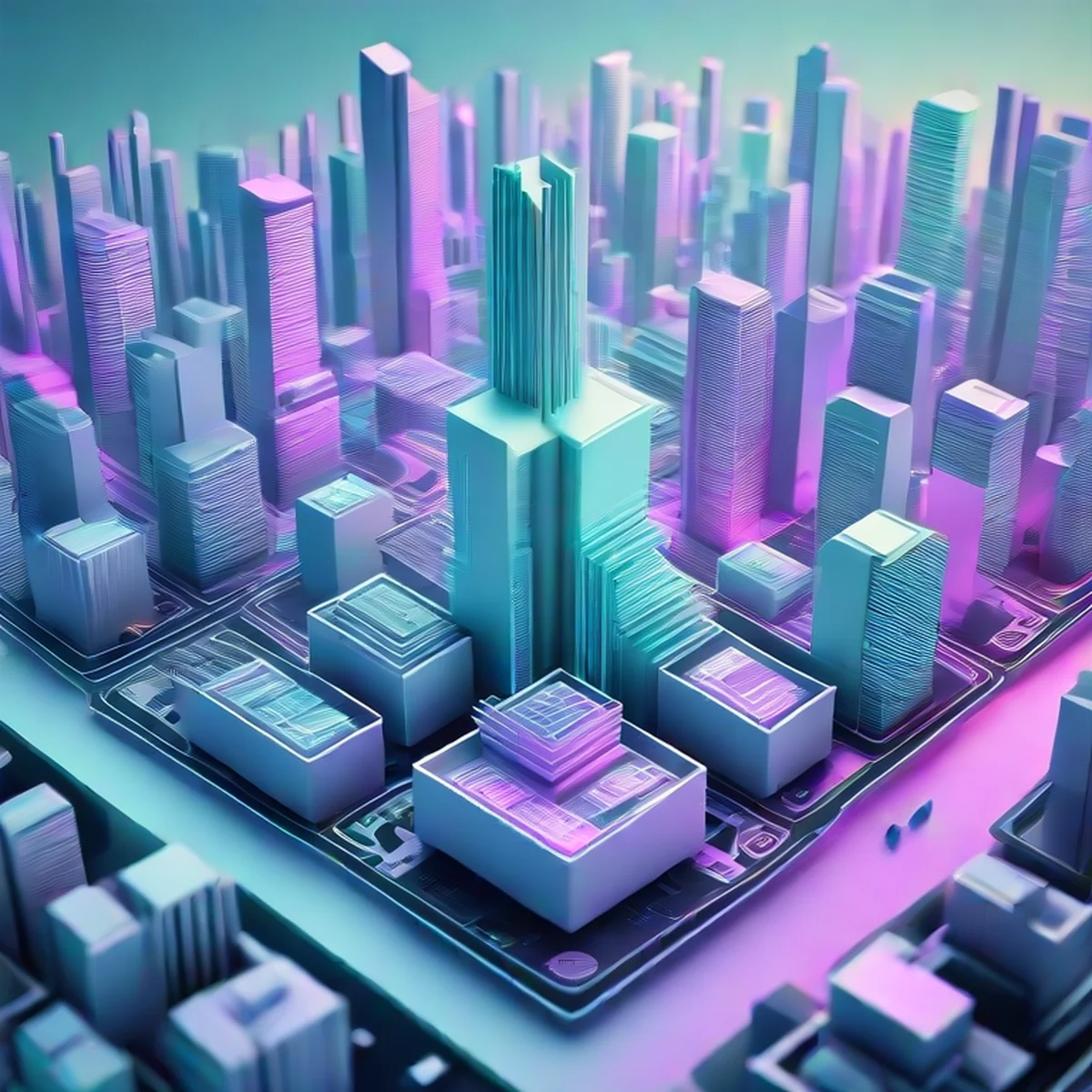 Visualização abstrata de estruturas tecnológicas em camadas representando empilhamento 3D.
