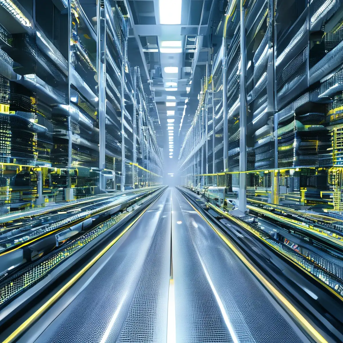 Vista interna de una avanzada fábrica de semiconductores con circuitos microscópicos y chips de memoria apilados que reflejan la luz.