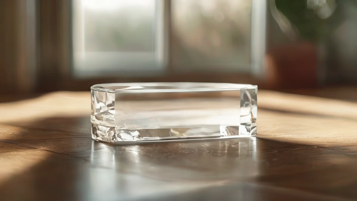 A clear, rectangular silicon crystal with a polished surface, resting on a wooden table under soft window light, shallow depth of field, photorealistic, sharp focus, high detail