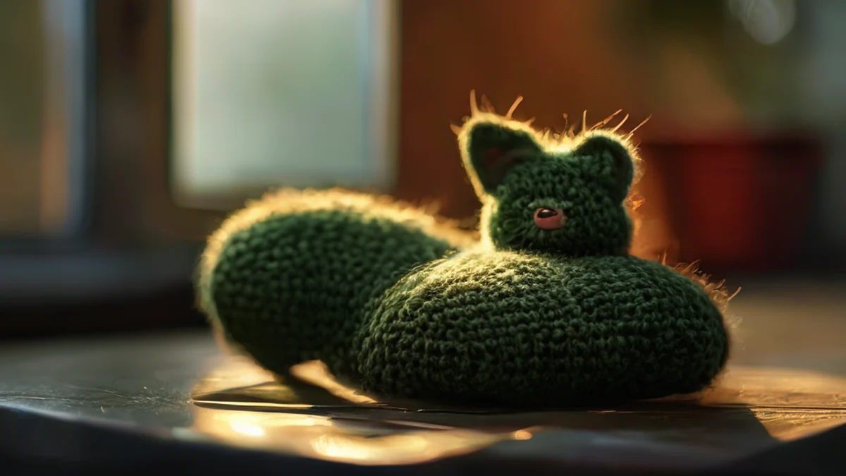 A knitted green cat sock, fuzzy with a stitched paw, resting on a metal table under warm side light, shallow depth of field, photorealistic, sharp focus, high detail
