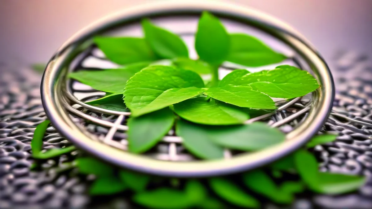 umido, foglie di tè verde in un filo, oscuro, rete metallica, ora d'oro, profondità di campo sottile, fotorealistico, focus acuto, dettagli elevati