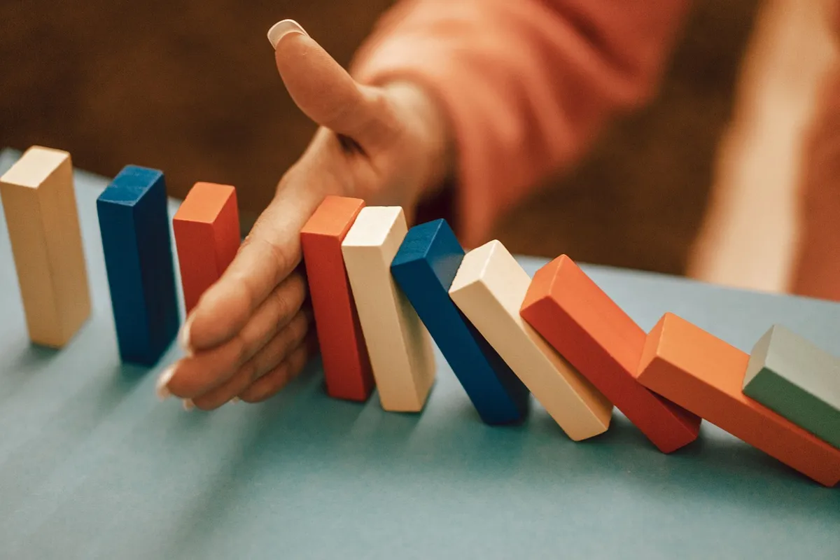 balance, domino, business, risk, strategy, concept, game, block, finance, chain, action, hand, problem, stop, dominos, reaction, crash, dominoes, wooden, play,