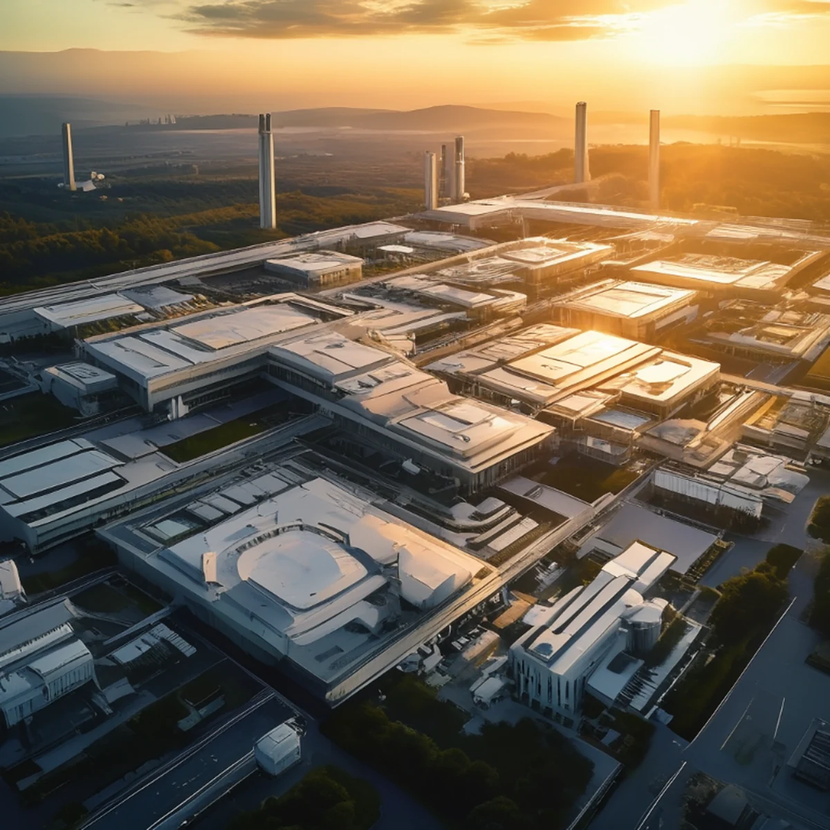 Veduta aerea di un moderno impianto di produzione di semiconduttori