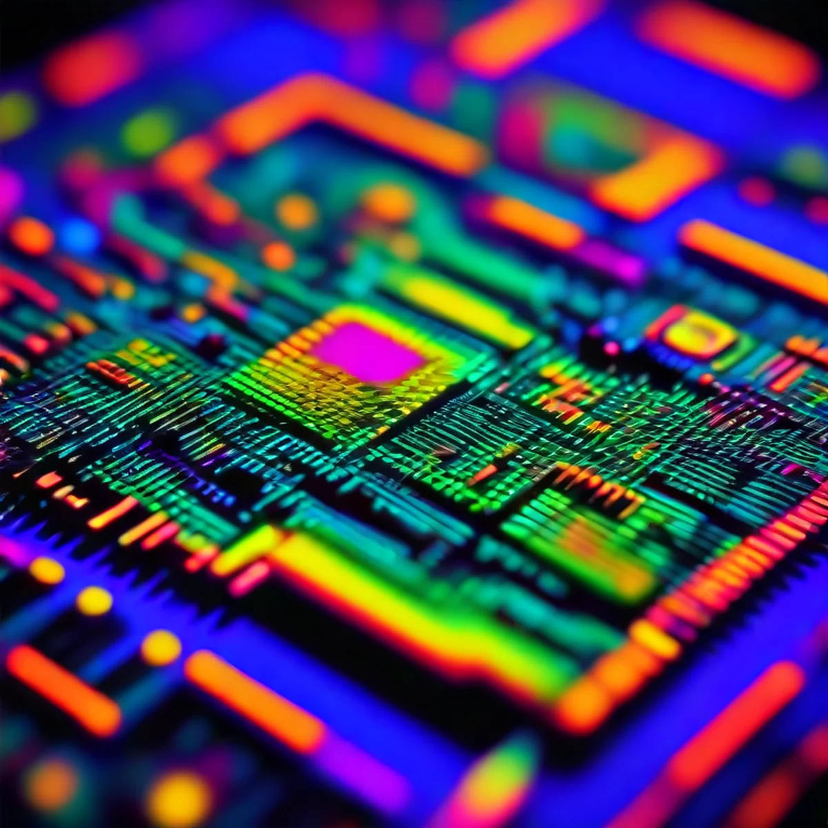 Close-up dramático de um microchip futurista mostrando arquitetura de escala nanométrica.
