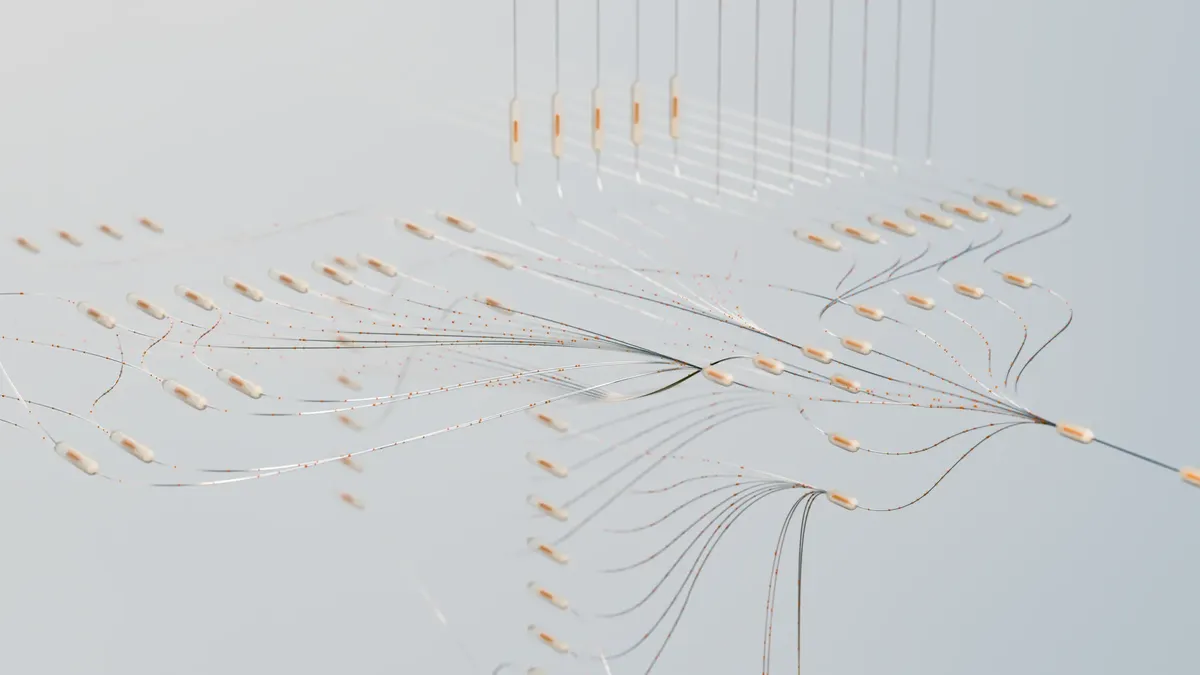 Elegant 3D visualization of neural networks showcasing abstract connections in a digital space.