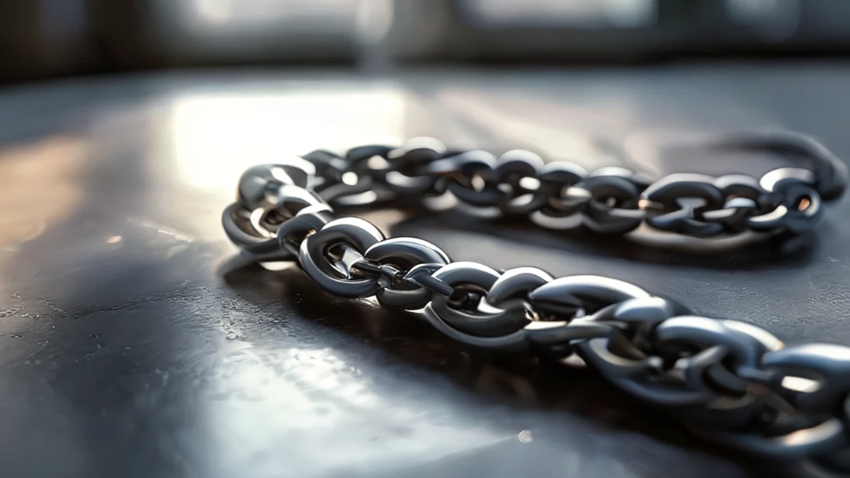 A stainless chain, thick and unbroken, rests on a metal table, catching light from soft window light, shallow depth of field, photorealistic, sharp focus, high detail