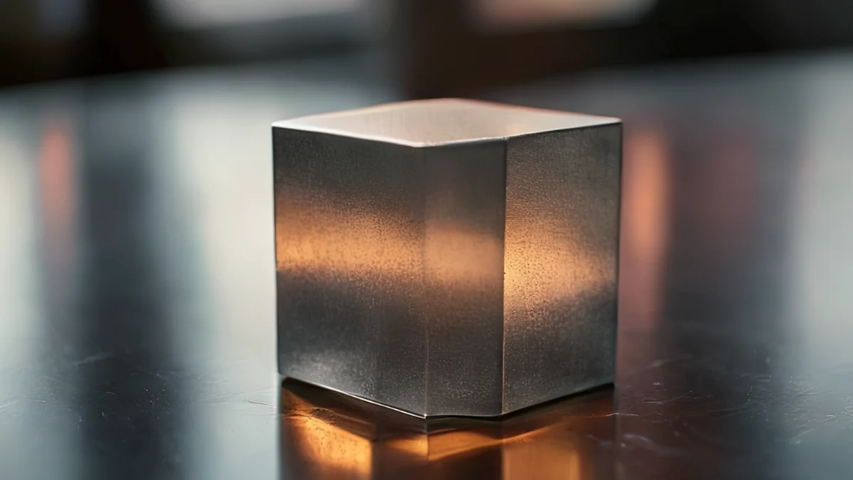 Tungsten block, cubic shape, grayish color, smooth surface, on glass table, warm light, shallow depth, photorealistic, sharp focus, high detail
