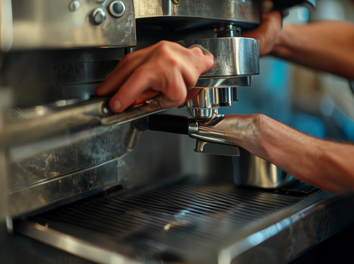 Un barista opère une machine à espresso dans un café et prépare un latte.