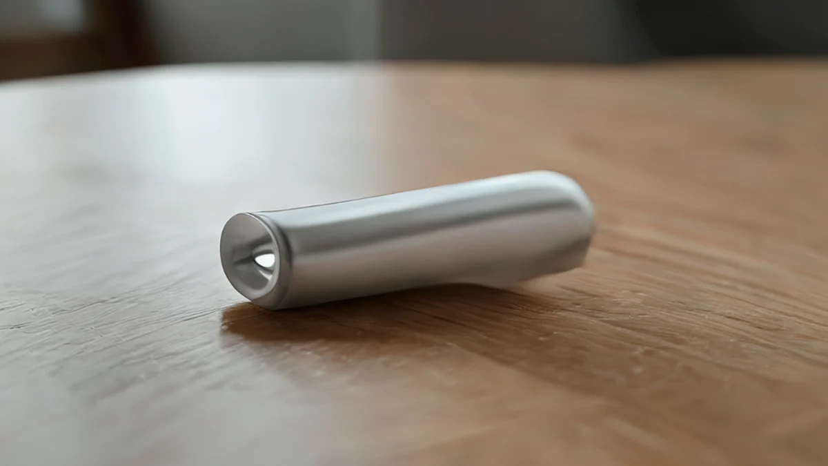 Un seul filtre en silicium, centrée, cylindrique, arrondie, gris clair, surface lisse, mat, sur une table en bois simple, sous un ciel gris, champ de profondeur faible.