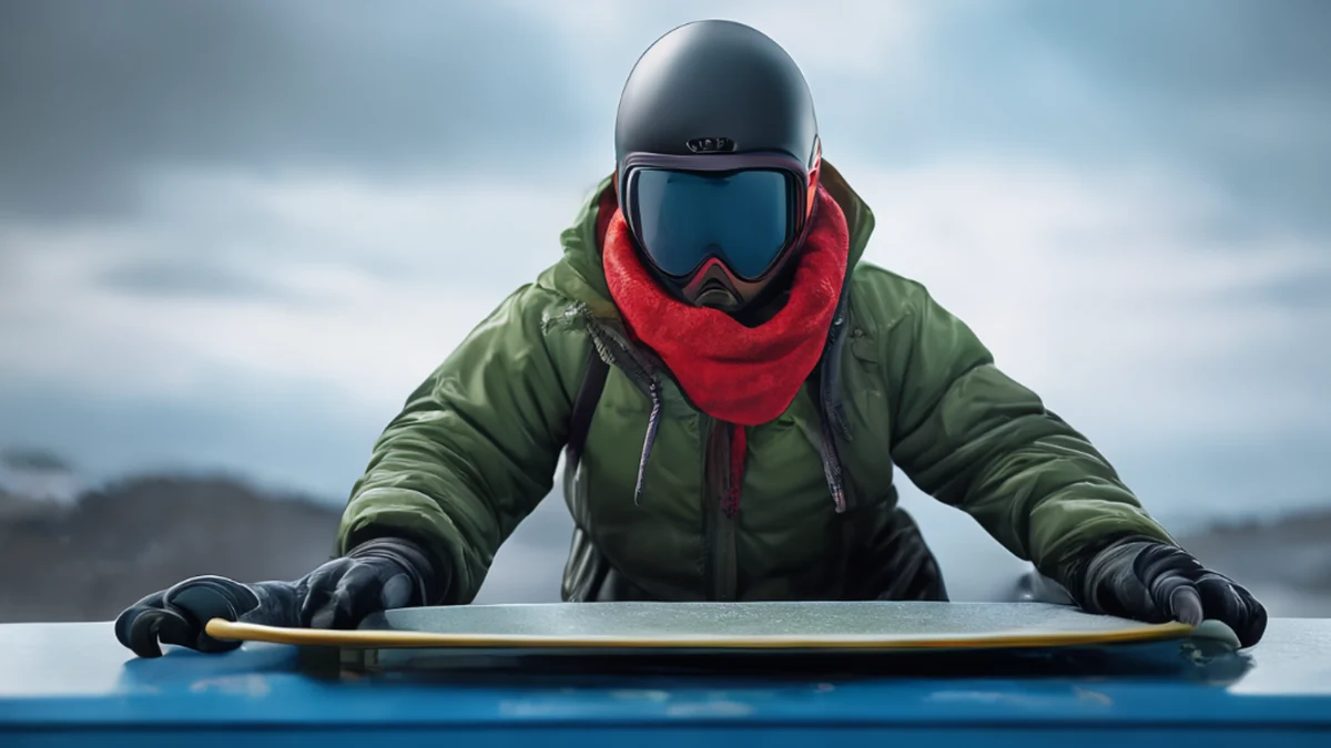Un snowboarder con attrezzatura tecnica esegue un trick su una pista di neve.