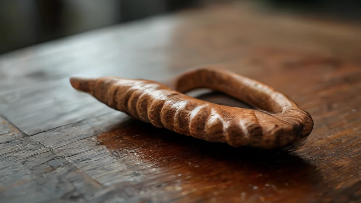 Ookinawa schelpklem, bruin, boog, ruwe textuur, op een houten tafel, bewolkt daglicht, zacht scherpe focus, fotorealistisch, scherp focus, hoge details
