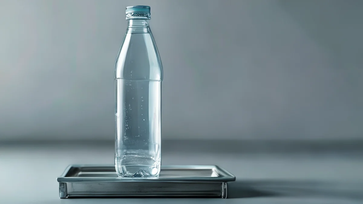 A clear plastic bottle with a cap, showing its shape and color.