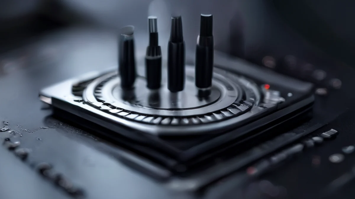 Metallic chip probe station met zwarte oppervlak, drie ronde probes, nette studio-softbox, 50mm lens, zacht scherpbereik, fotorealistisch, scherp focus, hoge details