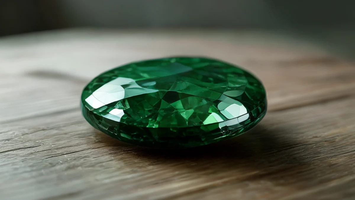Een klein kristal van alexandrita van groen donker, met een glansende, veranderende kleur, rust op een eenvoudige houten tafel onder een rein studio-softbox-licht.