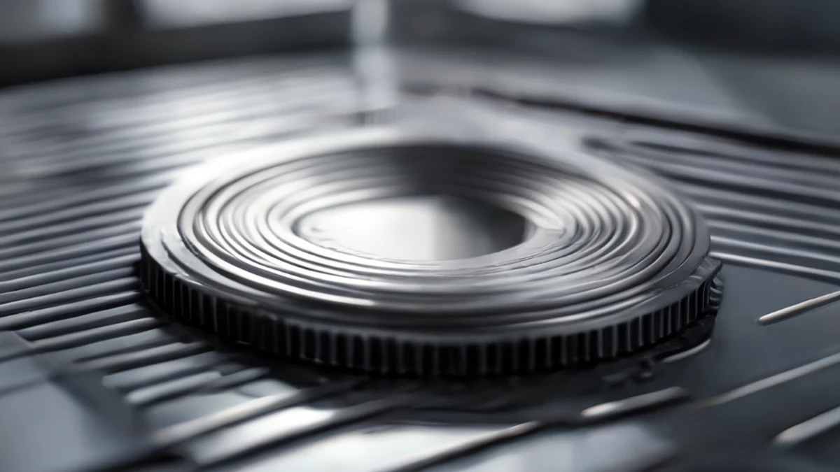 Stahl-Washer, polierter Disk, gewölbter Rand, auf Metall-Rack, weicher Licht, flache Schärfe, photorealistische Details
