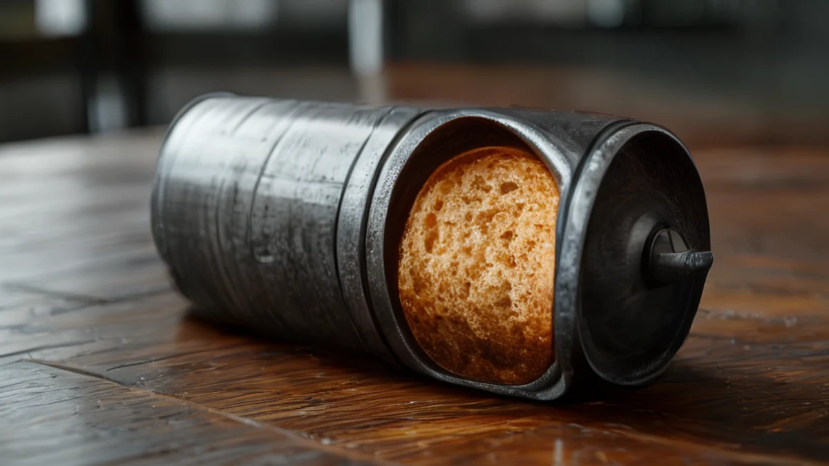 Cylindrical machine with bread-like interior, metal, 20cm diameter, dark gray, textured, on wooden table, overcast daylight, shallow depth of field, photorealistic, sharp focus