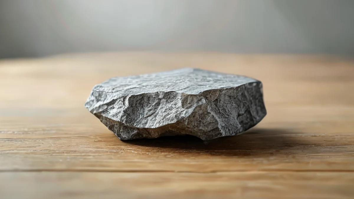 A small, jagged Hudson Chip, slate gray with a sharp, angular surface, resting on a plain wooden table, under clean studio softbox, shallow depth of field, photorealistic, sharp focus, high detail