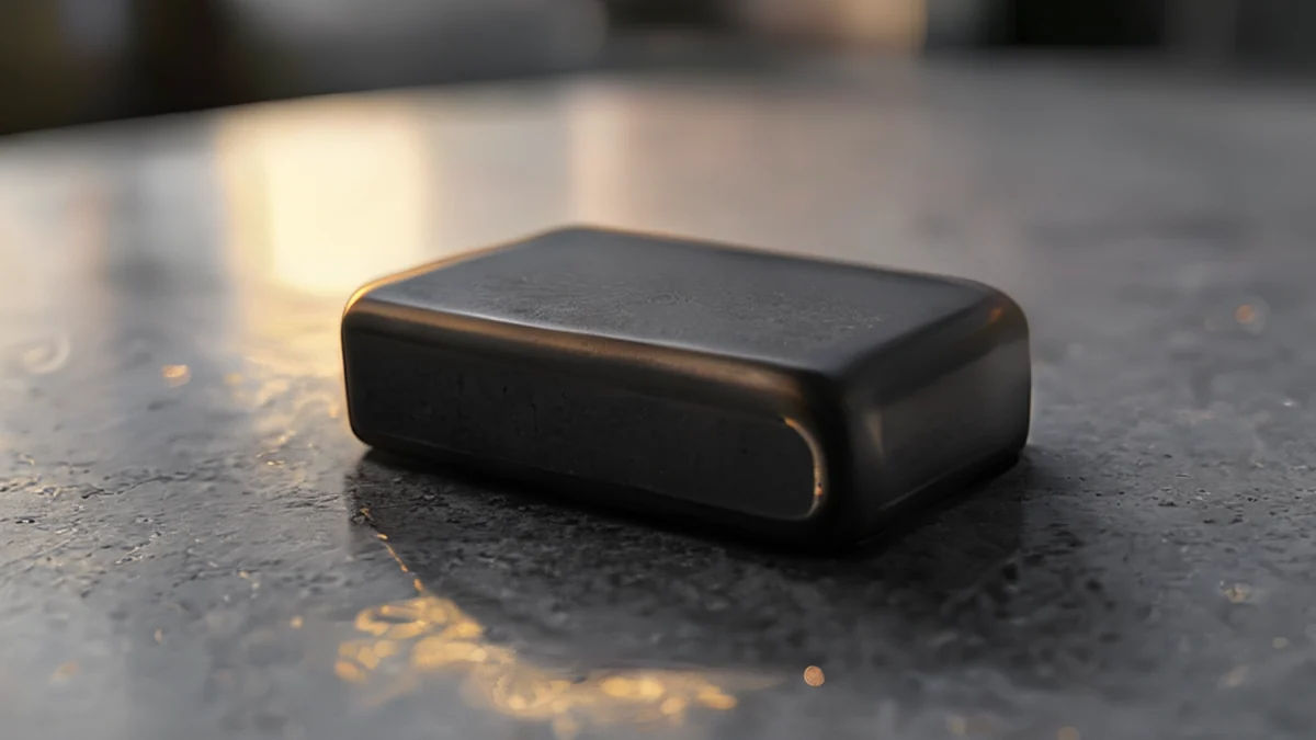 Connecteur de nœud câble, noir mat, rectangulaire, noir moyen, texturé, sur une table en béton, heure dorée, champ de profondeur faible, réaliste
