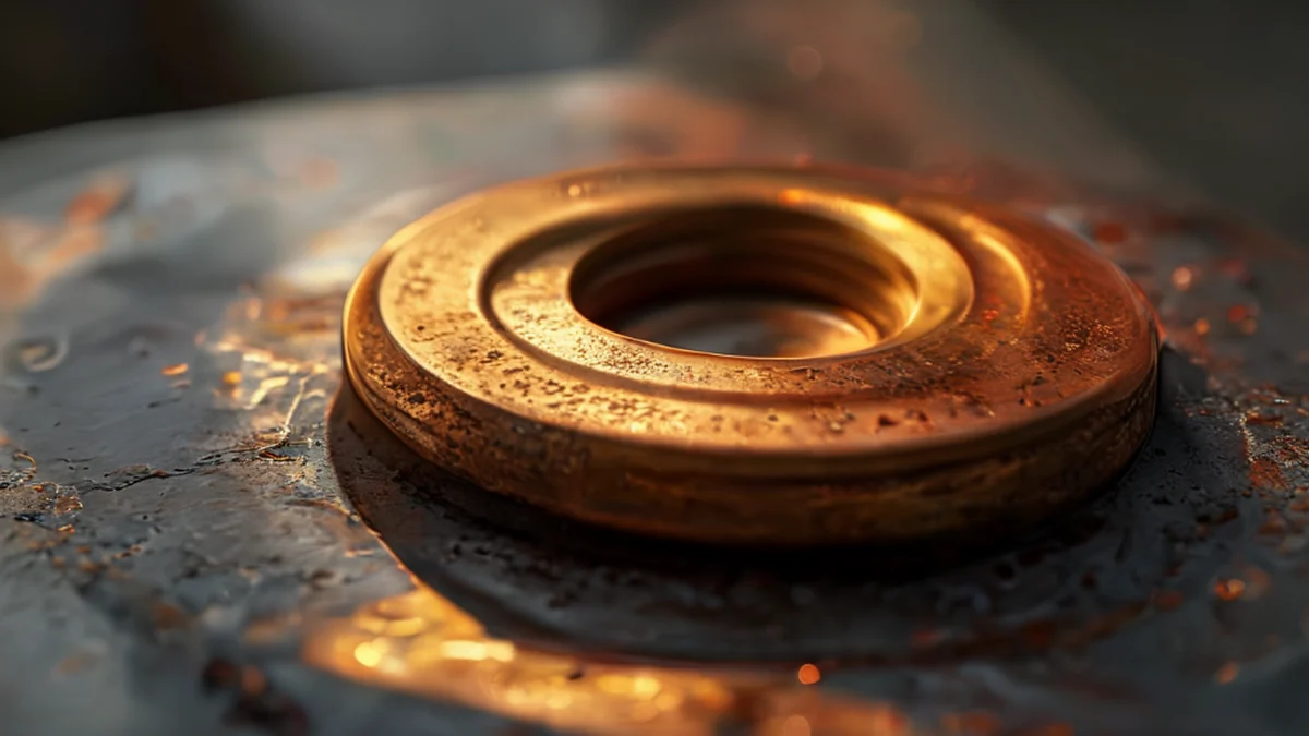 A brass washer with a flat circular shape and a textured surface.