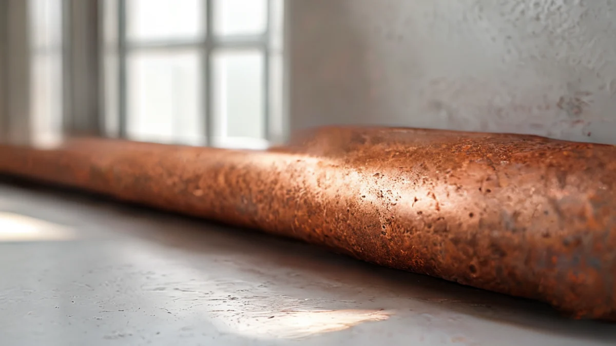 Copper pipe, corrugated, rusted brown, textured interior, on white table, soft window light, shallow depth of field, photorealistic, sharp focus, high detail