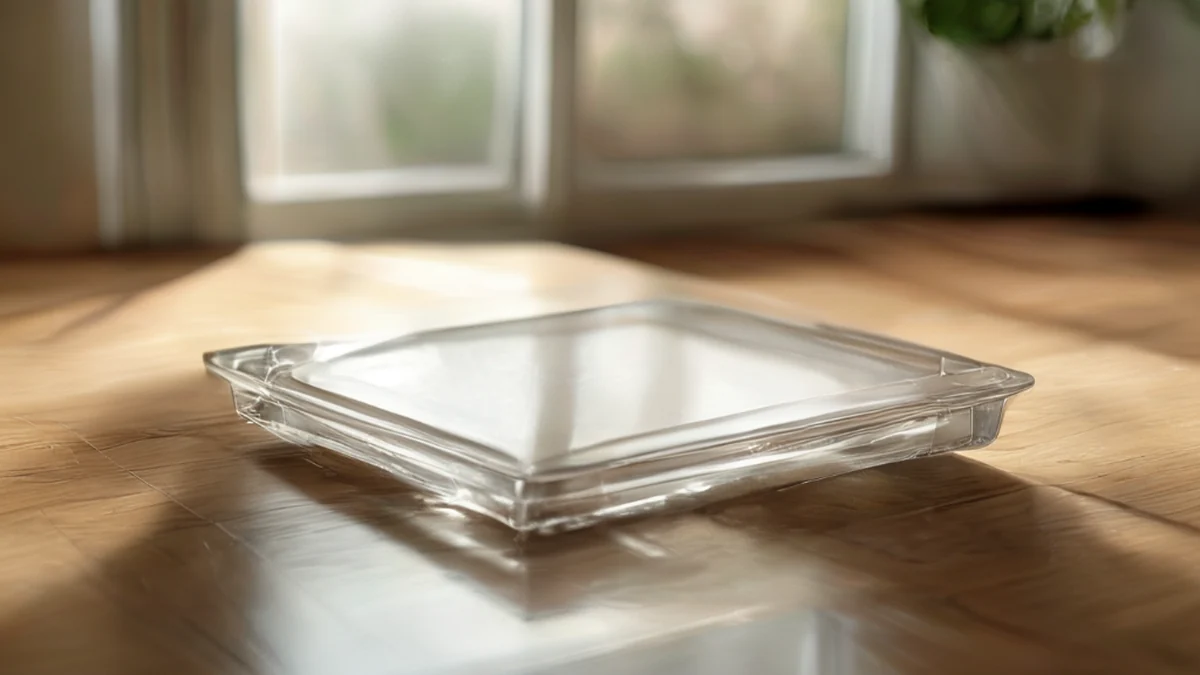 un plateau en silice transparent, carré, surface lisse et vitreuse, au centre d'une table en bois simple, sous une lumière douce du fenêtre, champ de profondeur faible, photoréaliste, focus net, détails élevés