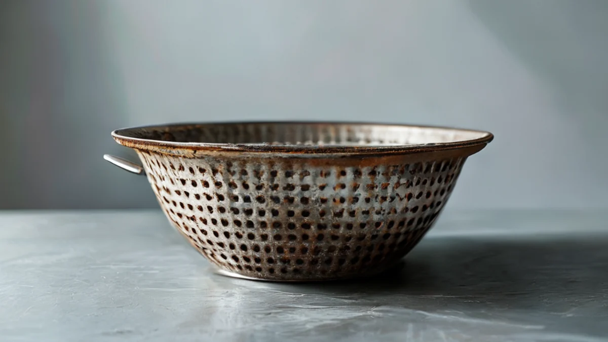 Tête métallique lourde, rouillée, avec une surface rugueuse et une couleur argentée ternie sur une table en acier simple sous une lumière de softbox.