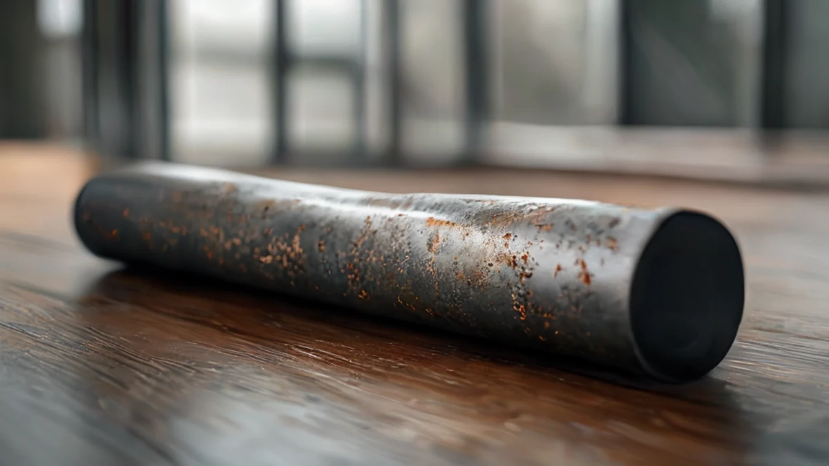 Tubo d'acciaio, forma cilindrica, grigio, texture rugginosa, su una tavola di legno, luce soffusa, campo di profondità basso, fotorealistica, dettagli elevati