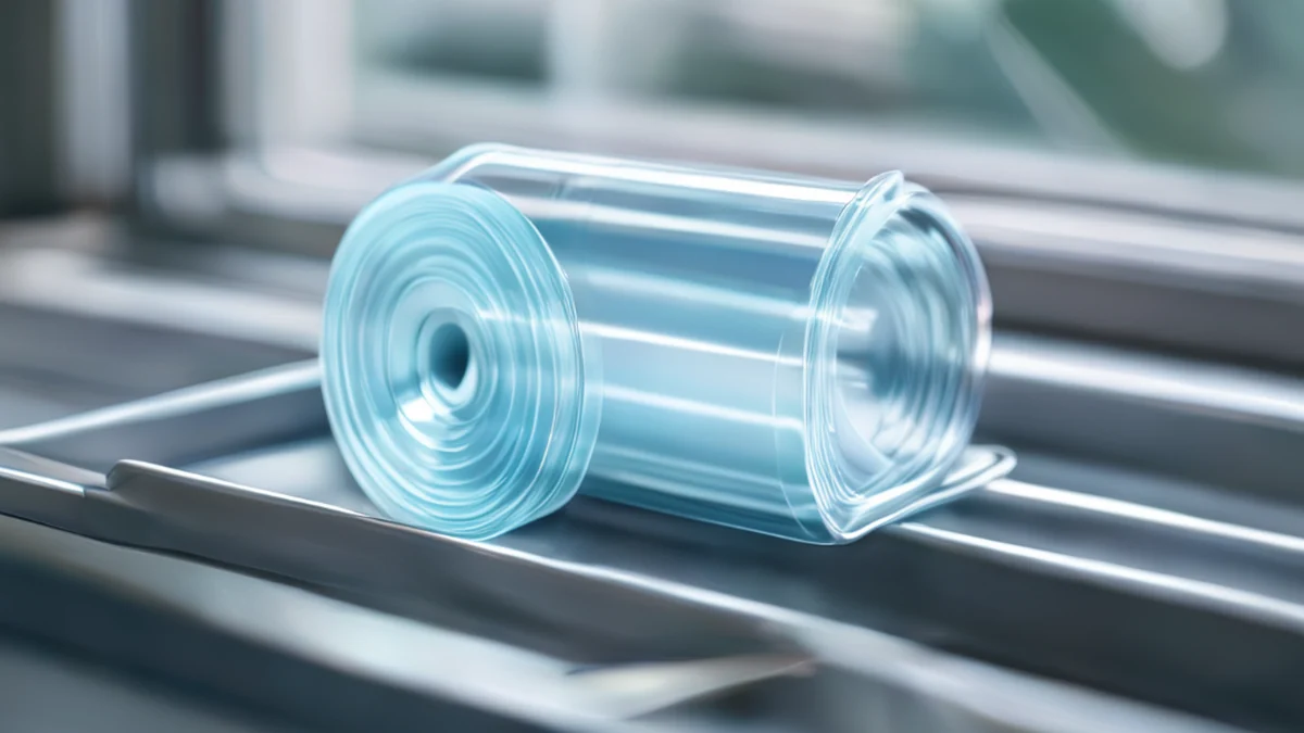 Transparant plastic spool, lichtblauw, cilindrisch, op een metaalbord, zachte licht, zacht focus, fotorealistisch, hoge details