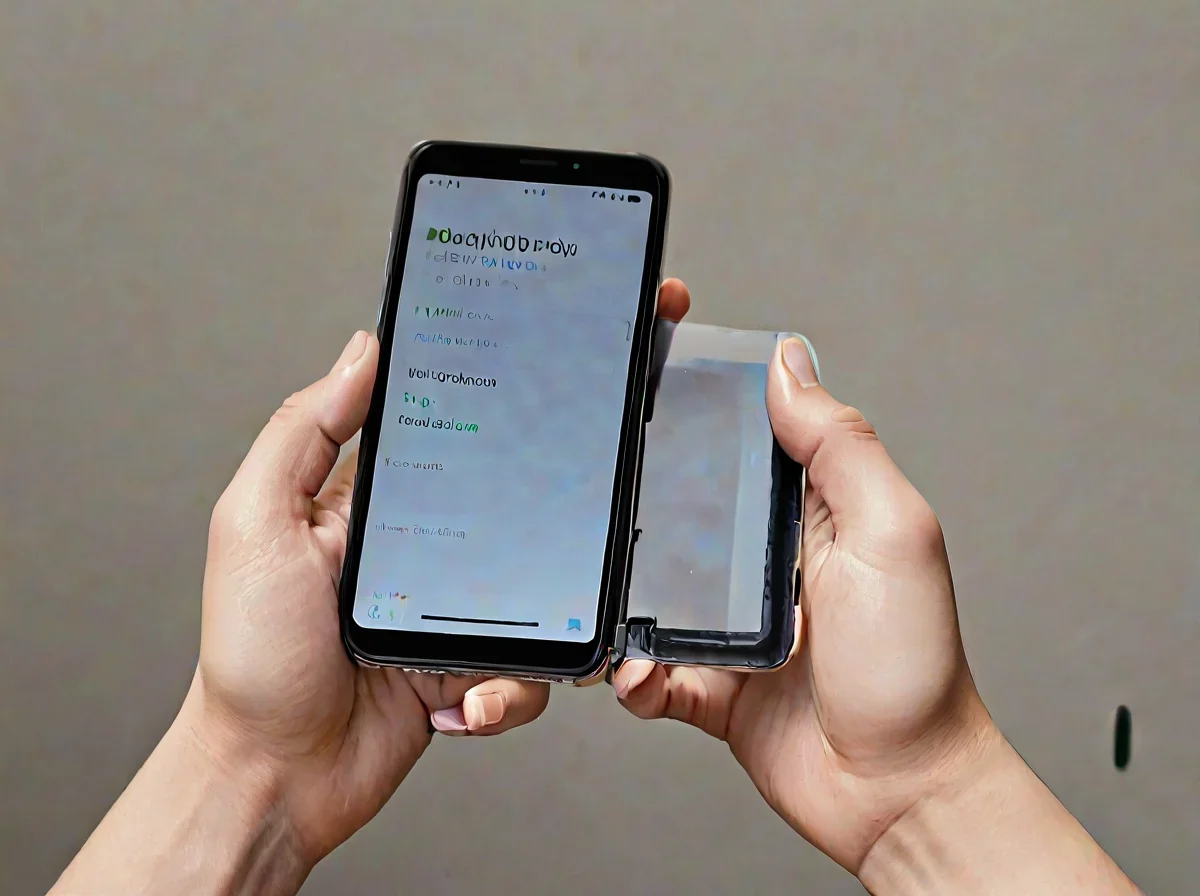 Duas mãos segurando um smartphone verticalmente em orientação retrato